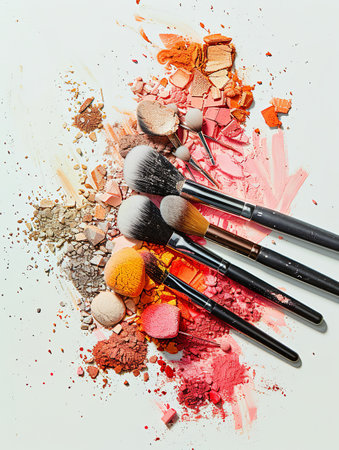 Close-up shot of makeup brushes covered in vibrant eyeshadow and blush on a white background.の素材