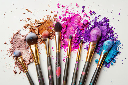 A collection of makeup brushes covered in colorful eyeshadow and blush.の素材