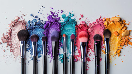 Close-up of colorful makeup brushes with eyeshadow and blush on a white background.の素材