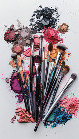 A collection of makeup brushes with various colors of crushed eyeshadow and blush on a white background.の素材