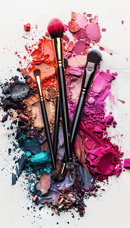 A close-up view of colorful makeup brushes covered in eyeshadow and blush on a white background.の素材