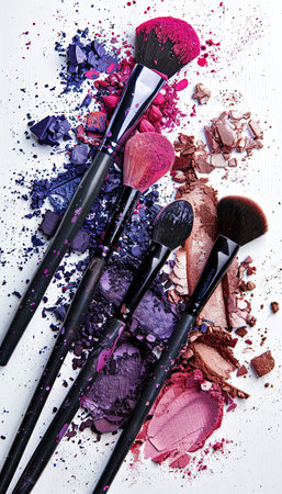 Makeup brushes with colorful eyeshadow and blush on a white background.の素材