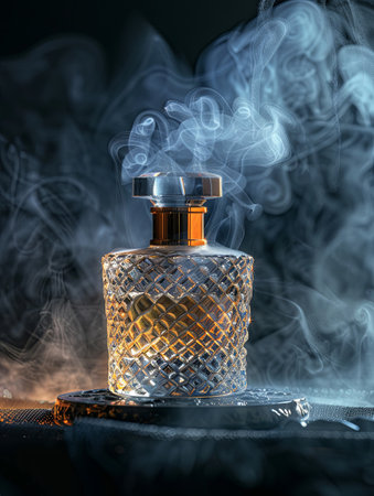 A close-up of a luxurious perfume bottle emitting a delicate plume of smoke against a dark background.の素材