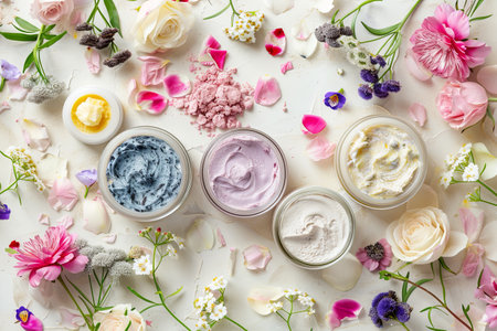 A flat lay of various face masks and creams in jars, surrounded by flower petals, on a light background.の素材