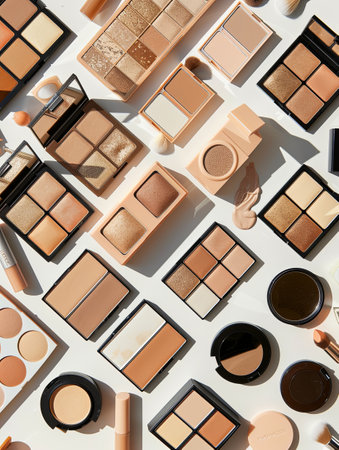 A flat lay showing a diverse collection of contouring and highlighting palettes, arranged in an organized pattern on a white background.の素材