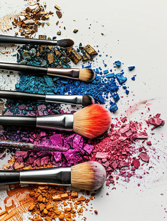 Close-up of makeup brushes covered in various shades of eyeshadow and blush against a white background.の素材
