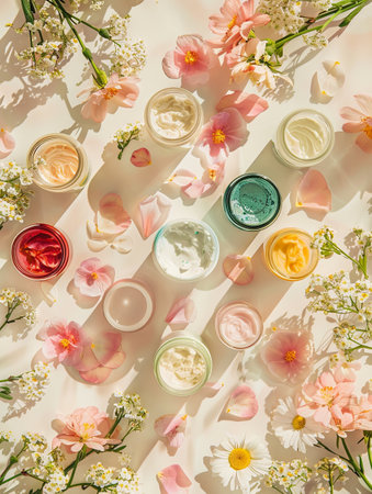 A flat lay showing various natural skincare products, including face masks and creams, surrounded by delicate flower petals on a white background.の素材