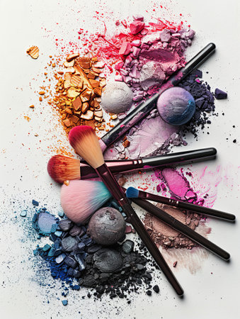 A close-up photo of several makeup brushes with vibrant eyeshadows and blush on a white background. The brushes are artistically arranged with the powders scattered around them.の素材