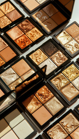 Closeup photo of a collection of colorful makeup palettes with contouring and highlighting shades.の素材
