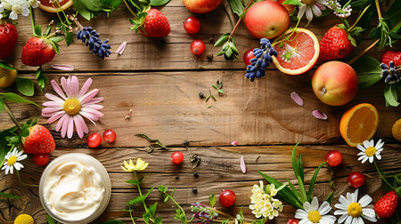 Creams and lotions surrounded by fresh fruits, herbs, and flowers on a wooden background.の素材