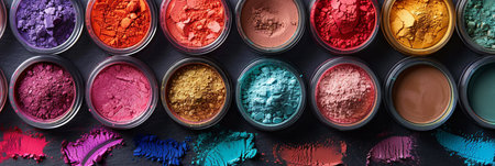 A close-up view of colorful makeup pigments and powders arranged artistically in small jars.の素材