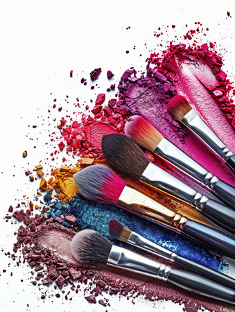 A group of makeup brushes covered in colorful eyeshadow and blush, arranged artistically on a white background.の素材