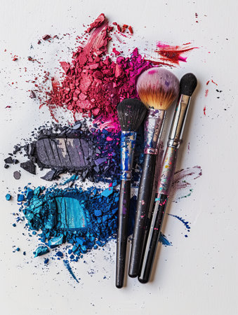 Three makeup brushes covered in colorful eyeshadows and blush on a white background.の素材