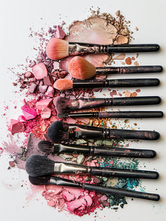 A close-up image of various makeup brushes covered with vibrant eyeshadow and blush colors on a white background.の素材
