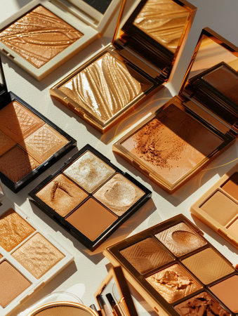 Various contouring palettes and highlighters arranged on a light background, showing their rich colors and elegant designs.の素材