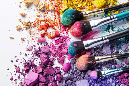 Close-up image of makeup brushes with vibrant colored eyeshadow and blush on a white surface.の素材