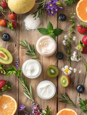 Fresh fruits, herbs, and flowers surround natural creams and lotions on a rustic wooden surface.の素材