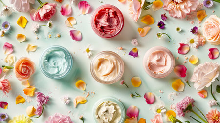 A close-up image of various face masks and creams in jars surrounded by flower petals on a light background.の素材