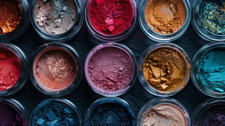 A close-up view of colorful makeup pigments and powders arranged in small glass jars.の素材