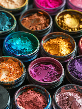 An assortment of colorful makeup pigments and powders in small jars, artistically arranged.の素材