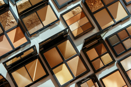 A flatlay showcasing various contouring and highlighting palettes arranged on a white surface.の素材
