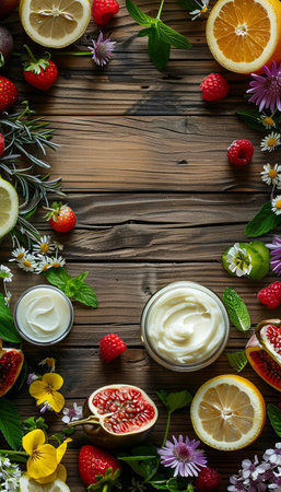 A close-up shot of organic creams and lotions surrounded by fresh fruits, herbs, and flowers on a rustic wooden background.の素材