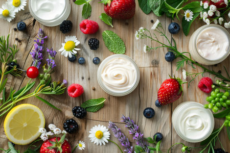 A close-up shot of natural creams and lotions surrounded by fresh fruits, herbs, and flowers on a wooden table.の素材