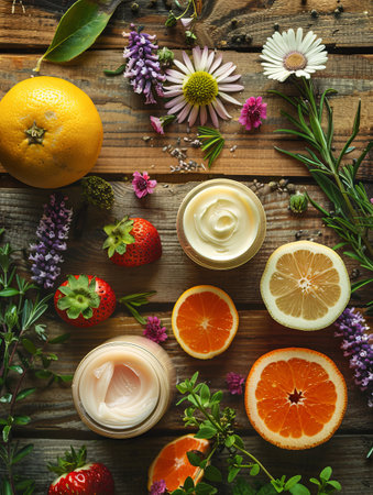 Natural creams and lotions displayed on a rustic wooden table, surrounded by citrus fruits, herbs, and flowers.の素材