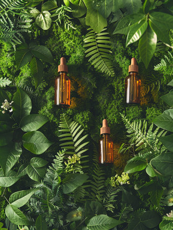 Three amber glass bottles filled with natural plant oils and extracts rest on a background of fresh, vibrant greenery.の素材