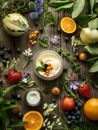 A close-up image showing natural skincare products surrounded by fresh fruits, herbs, and flowers.の素材