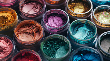 A close-up view of colorful makeup pigments and powders in small jars, artistically arranged.の素材
