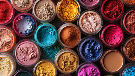 Close-up view of assorted colorful makeup pigments and powders in small jars.の素材