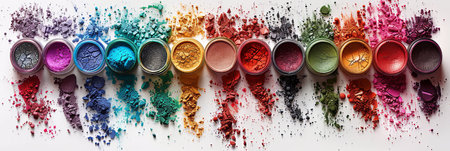 An assortment of colorful makeup pigments and powders in small jars, artistically arranged on a white surface.の素材