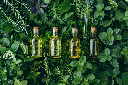 Bottles of plant oils and extracts on a bed of fresh herbs.の素材