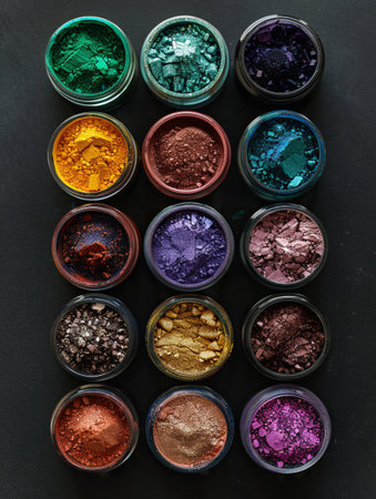 A selection of vibrant makeup pigments and powders in small jars, artistically arranged on a black background.の素材