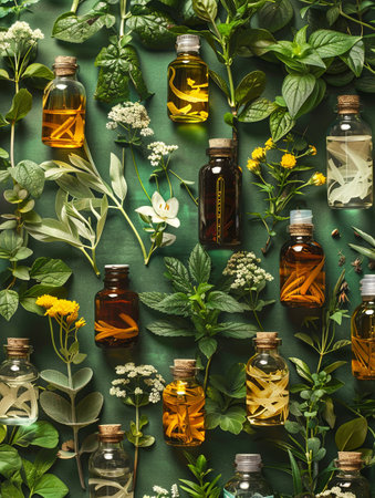 Bottles filled with natural plant oils and extracts on a green background of fresh herbs.の素材