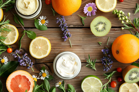 Close-up of natural creams and lotions surrounded by fresh fruit, herbs, and flowers on a wooden background.の素材