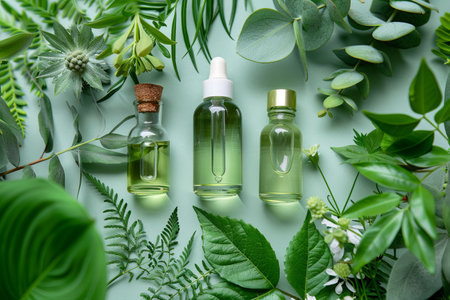 A close-up of three glass bottles filled with plant oils and extracts, arranged on a background of fresh green leaves and sprigs.の素材