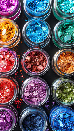 Assortment of colorful makeup pigments and powders in small glass jars.の素材