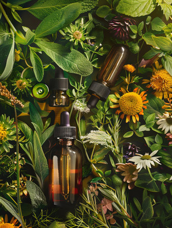 Close-up of three amber glass bottles filled with plant oils and extracts, surrounded by vibrant green foliage and delicate blossoms.の素材