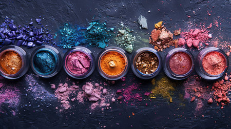 An assortment of colorful makeup pigments and powders in small glass jars arranged on a black surface.の素材