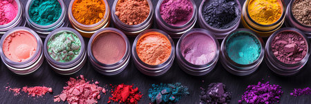 An assortment of colorful makeup pigments and powders in small jars, arranged artistically on a dark surface.の素材