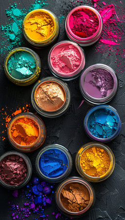 An assortment of colorful makeup pigments and powders in small jars, arranged on a black surface.の素材