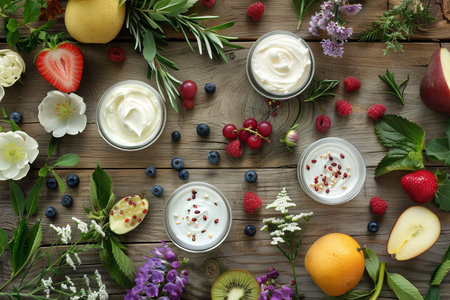 Organic creams and lotions surrounded by fresh fruits, herbs, and flowers on a wooden background.の素材