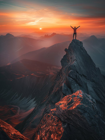 A lone figure stands victoriously on a mountaintop, arms raised towards the sky, bathed in the warm glow of sunrise.の素材