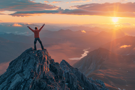 A person stands victoriously atop a mountain peak, arms raised, against the backdrop of a stunning sunset over expansive mountain ranges.の素材