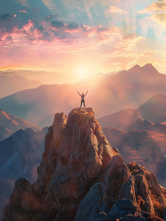 A lone figure stands victorious on a mountain peak, arms raised, silhouetted against a stunning sunrise over a majestic landscape.の素材