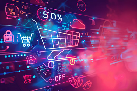 A futuristic abstract background with a shopping cart and icons representing a digital sale with 50% off.の素材