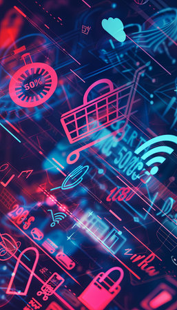 Abstract digital artwork depicting an online sale with shopping carts, product icons, and bold text.の素材