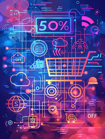 Abstract background with a shopping cart, digital icons, and a large 50% OFF text.の素材